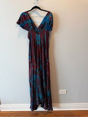 Women’s V-Neck Maxi Dress in Burgundy and Teal - silk